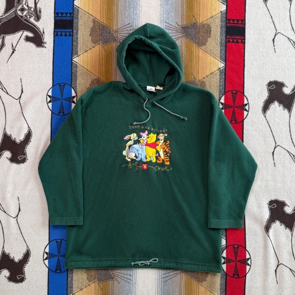 Vintage Disney Store Pooh and Friends Green Fleece Hoodie Women XL Embroidered